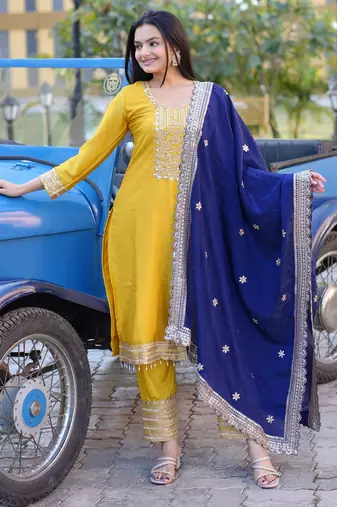 Yellow festive wear designer chinon heavy embroidery sequence work readymade suit