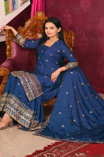 Teal festive wear designer chinon sequence embroidery work readymade suit