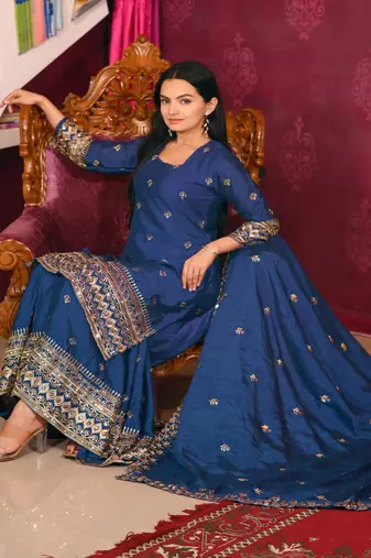 Teal festive wear designer chinon sequence embroidery work readymade suit