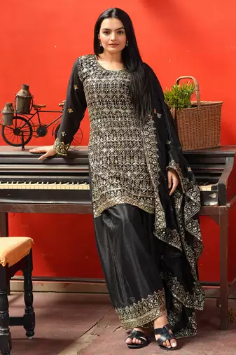 Black festive wear designer chinon sequence embroidery work readymade suit