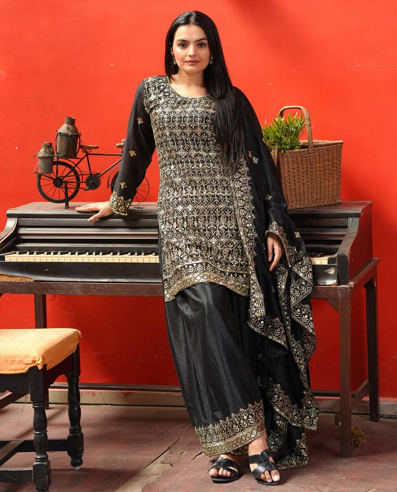 Black festive wear designer chinon sequence embroidery work readymade suit