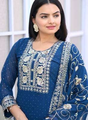 Teal festive wear designer  fox georgette heavy embroidery sequence work readymade suit 3