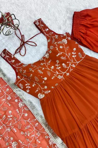 Orange festive wear designer heavy pure soft fox georgette  readymade suit