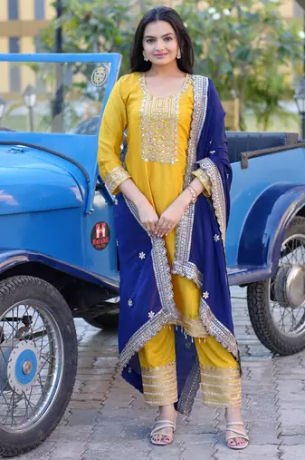 Yellow festive wear designer chinon heavy embroidery sequence work readymade suit