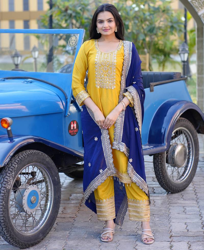Yellow festive wear designer chinon heavy embroidery sequence work readymade suit