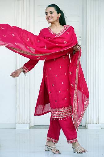 Rani pink festive wear designer  blooming vichitra  heavy embroidery sequence work readymade suit