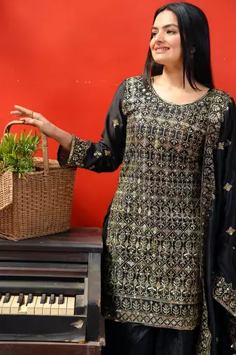Black festive wear designer chinon sequence embroidery work readymade suit