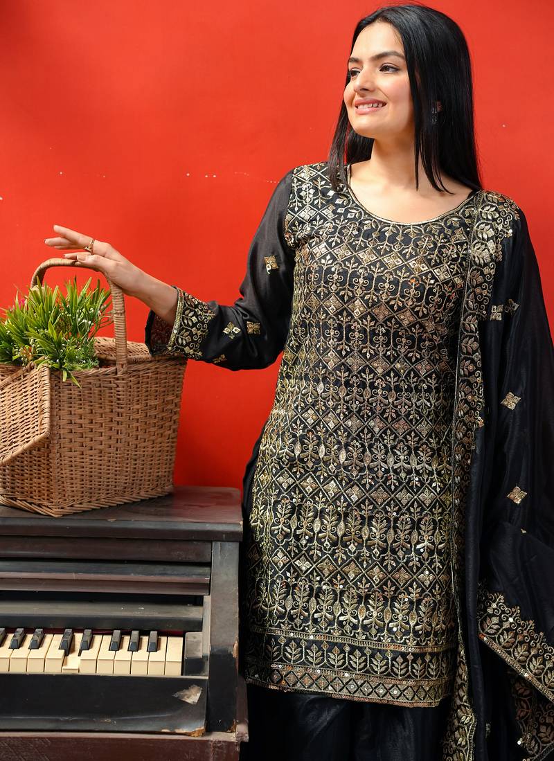 Black festive wear designer chinon sequence embroidery work readymade suit