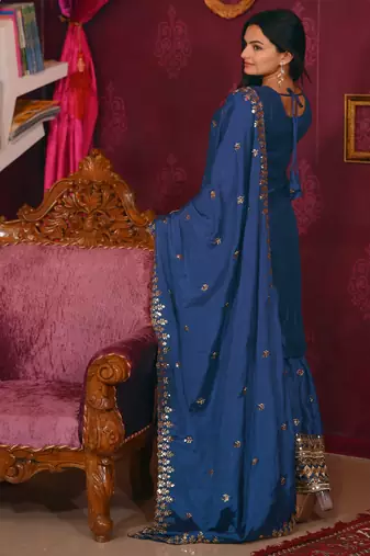 Teal festive wear designer chinon sequence embroidery work readymade suit