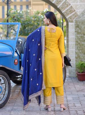 Yellow festive wear designer chinon heavy embroidery sequence work readymade suit 3