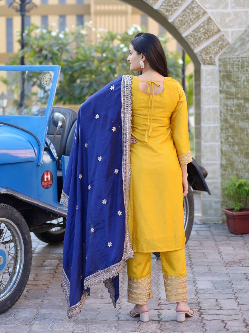 Yellow festive wear designer chinon heavy embroidery sequence work readymade suit