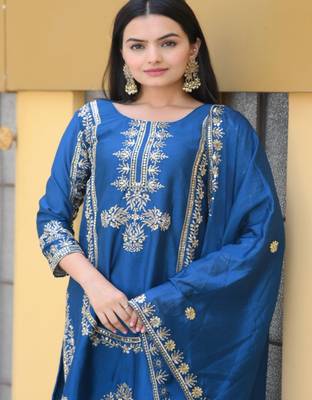 Blue festive wear designer chinon heavy embroidery sequence work readymade suit 3