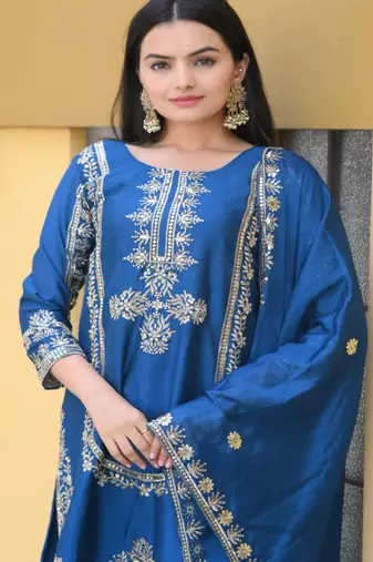Blue festive wear designer chinon heavy embroidery sequence work readymade suit