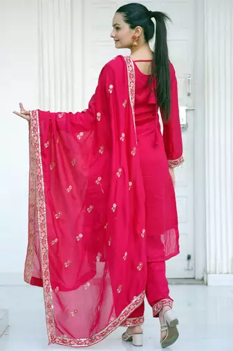 Rani pink festive wear designer  blooming vichitra  heavy embroidery sequence work readymade suit