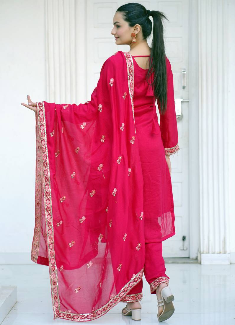 Rani pink festive wear designer  blooming vichitra  heavy embroidery sequence work readymade suit