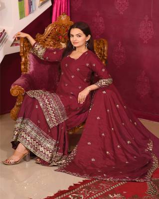 Maroon festive wear designer chinon sequence embroidery work readymade suit 1