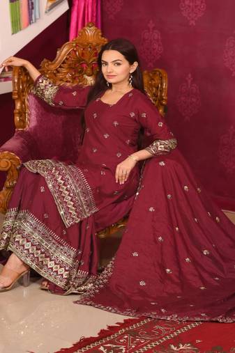 Maroon festive wear designer chinon sequence embroidery work readymade suit