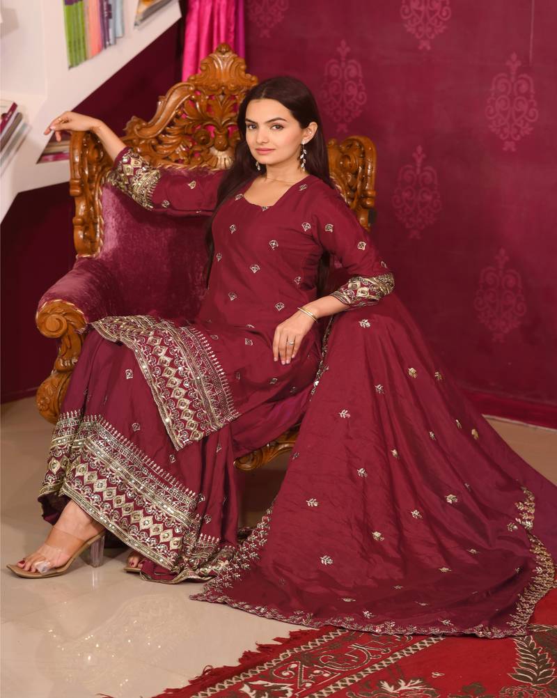Maroon festive wear designer chinon sequence embroidery work readymade suit