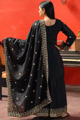 Black festive wear designer chinon sequence embroidery work readymade suit