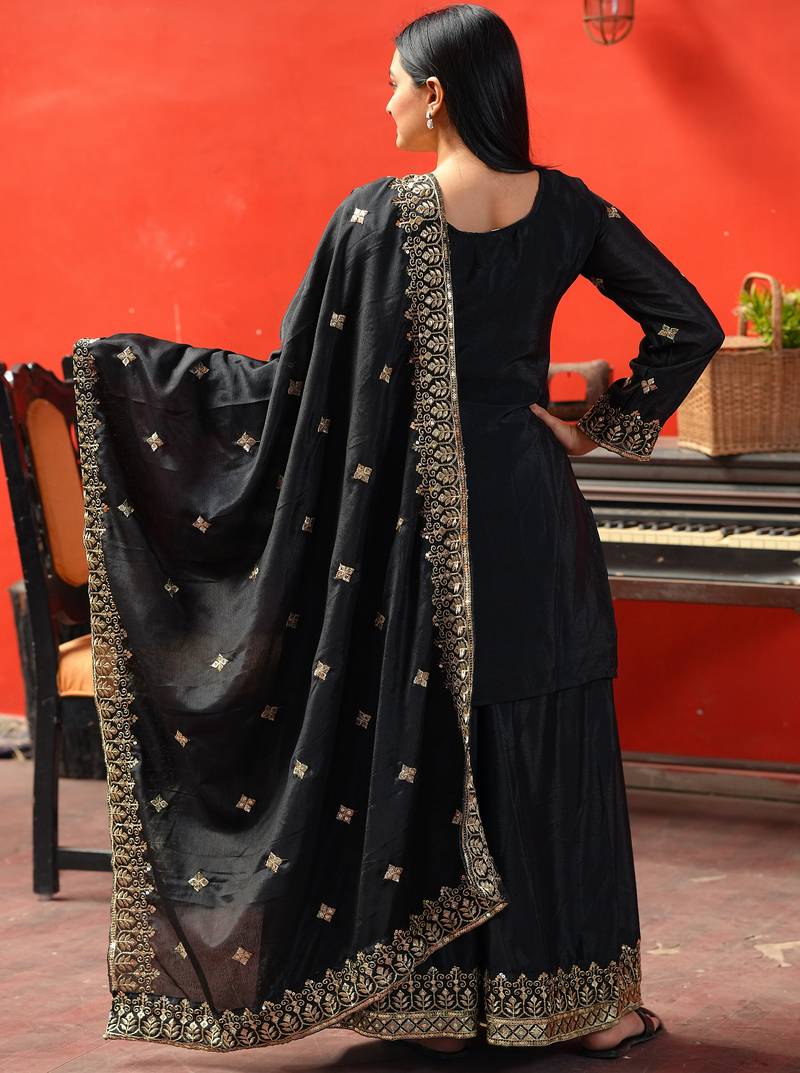 Black festive wear designer chinon sequence embroidery work readymade suit
