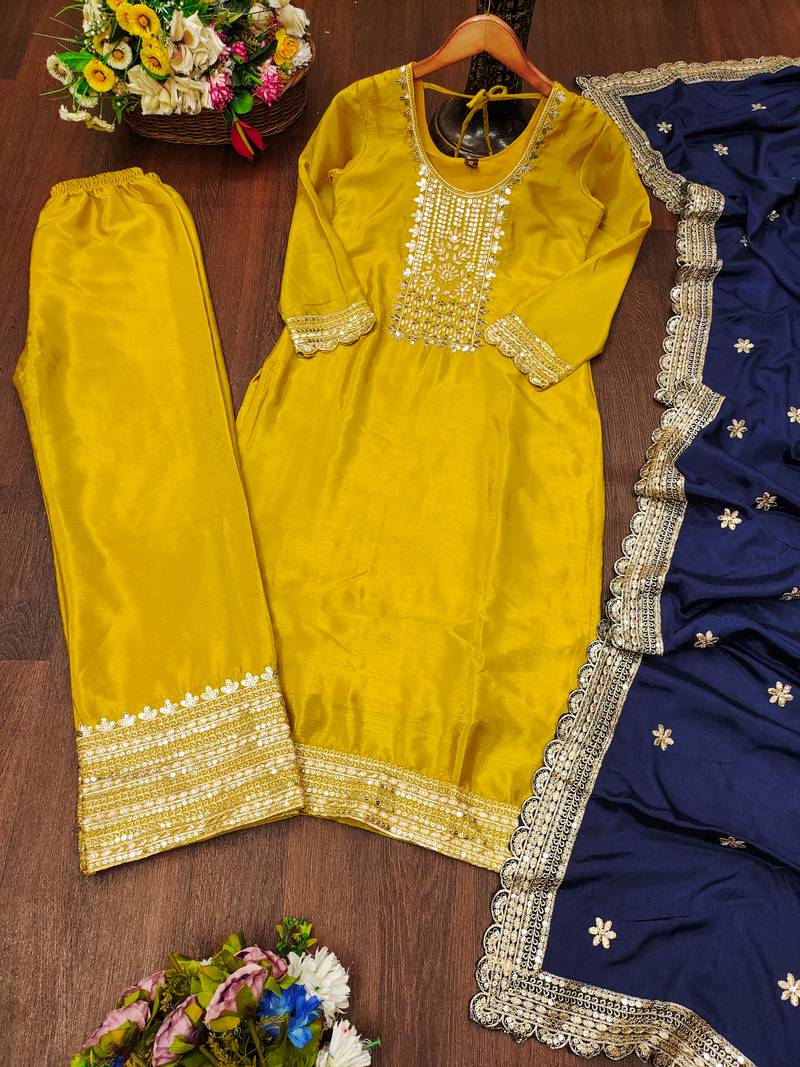 Yellow festive wear designer chinon heavy embroidery sequence work readymade suit