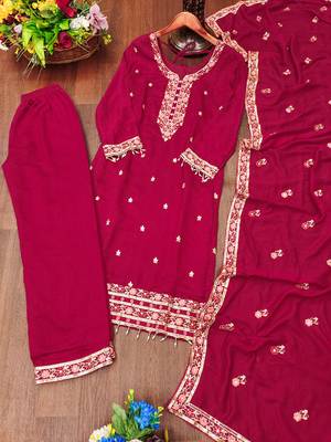 Rani pink festive wear designer  blooming vichitra  heavy embroidery sequence work readymade suit 3