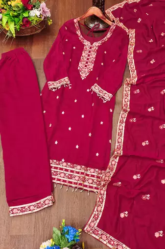 Rani pink festive wear designer  blooming vichitra  heavy embroidery sequence work readymade suit