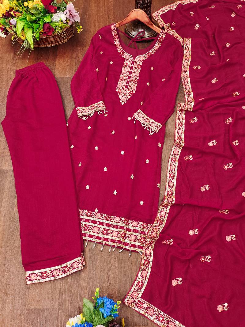 Rani pink festive wear designer  blooming vichitra  heavy embroidery sequence work readymade suit