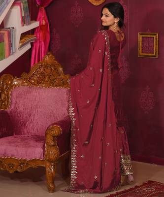 Maroon festive wear designer chinon sequence embroidery work readymade suit 2