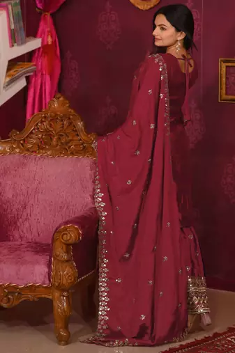 Maroon festive wear designer chinon sequence embroidery work readymade suit