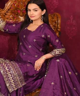Brinjal festive wear designer chinon sequence embroidery work readymade suit 1