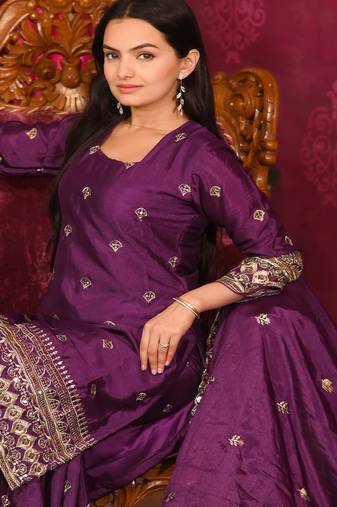 Brinjal festive wear designer chinon sequence embroidery work readymade suit