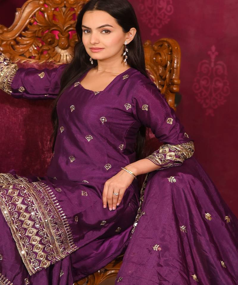 Brinjal festive wear designer chinon sequence embroidery work readymade suit