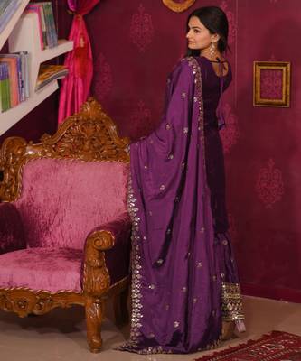 Brinjal festive wear designer chinon sequence embroidery work readymade suit 2