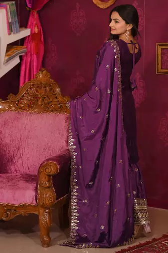 Brinjal festive wear designer chinon sequence embroidery work readymade suit