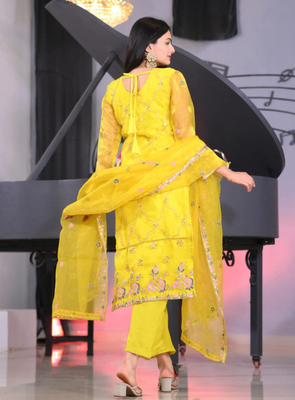 Yellow festive wear designer organza heavy embroidery sequence work readymade suit 2