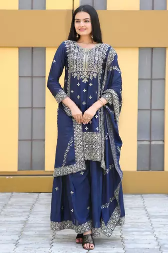 Navy blue festive wear designer chinon  heavy embroidery sequence work readymade suit