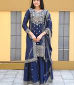 Navy blue festive wear designer chinon  heavy embroidery sequence work readymade suit