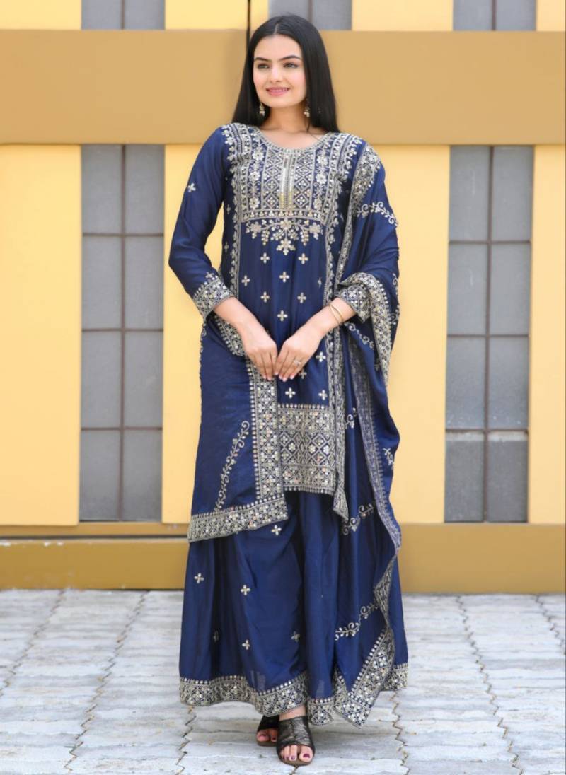 Navy blue festive wear designer chinon  heavy embroidery sequence work readymade suit
