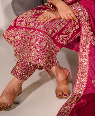 Rani pink festive wear designer chinon heavy embroidery sequence work readymade suit 3