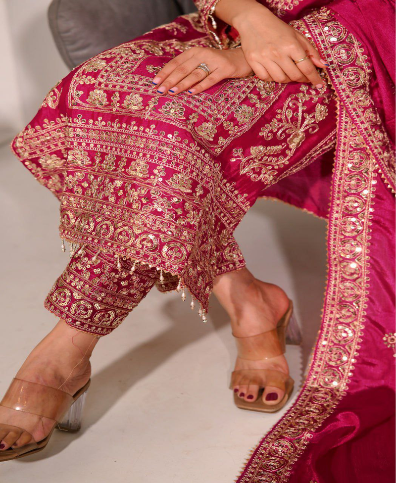 Rani pink festive wear designer chinon heavy embroidery sequence work readymade suit