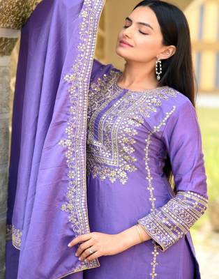 Lavender festive wear designer chinon heavy embroidery sequence work readymade suit 3