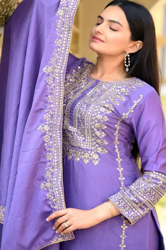 Lavender festive wear designer chinon heavy embroidery sequence work readymade suit