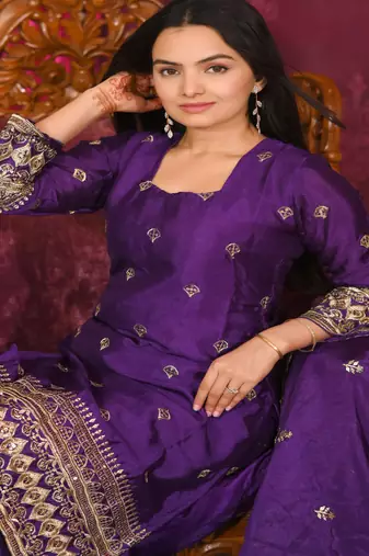Purple festive wear designer chinon  heavy embroidery sequence work readymade suit