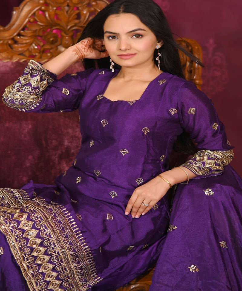 Purple festive wear designer chinon  heavy embroidery sequence work readymade suit