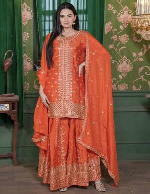 Orange festive wear designer  chinon sequence embroidery work readymade suit 1