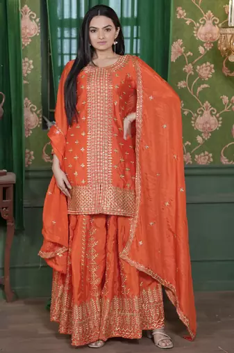 Orange festive wear designer  chinon sequence embroidery work readymade suit