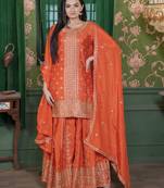 Orange festive wear designer  chinon sequence embroidery work readymade suit