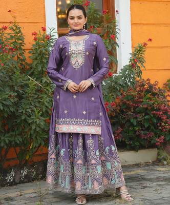 Lavender festive wear designer  chinon sequence embroidery work readymade suit 1