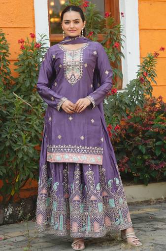 Lavender festive wear designer  chinon sequence embroidery work readymade suit